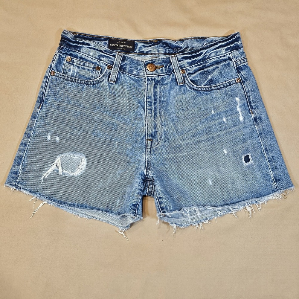 J Crew High Rise Broken-In Boyfriend Shorts Meadow Wash Denim Distressed Size 27